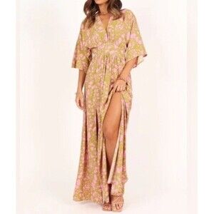 Aakaa Women’s Size Small Floral Maxi Dress Green Pink Boho Tropical NEW
